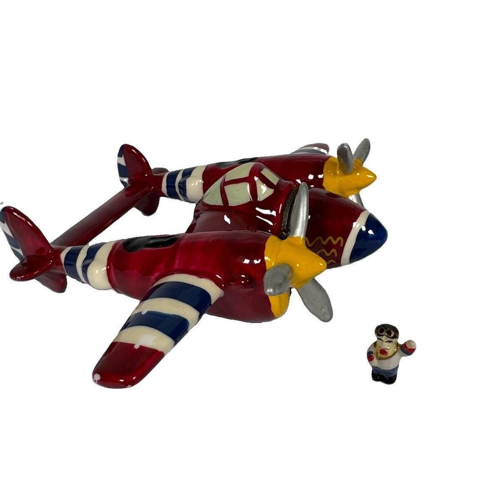 Red Porcelain Twin Engine Airplane Hinged Trinket Box Pilot Figurine Aviation